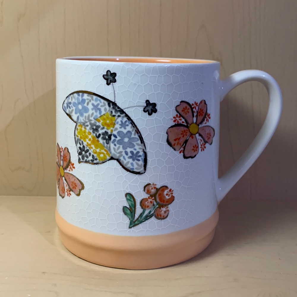 Seeds & Sunshine Floral Butterfly Mug - Peach Colored Trim and Interior - 18oz